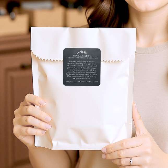 Pegatina Cuadrada Alergens de seguridad alimentaria Producto artesan (product packaging sticker artisan business gift blackboard handmade homemade ingredients black)