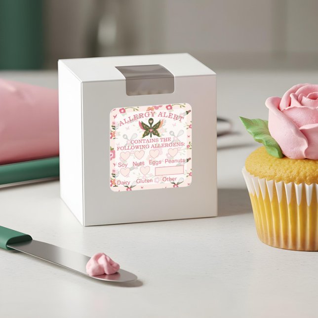 Pegatina Cuadrada Alerta alérgica de seguridad alimentaria Cara de m (Food Safety Allergy Alert Bakery Butterfly Spoon Square Sticker)