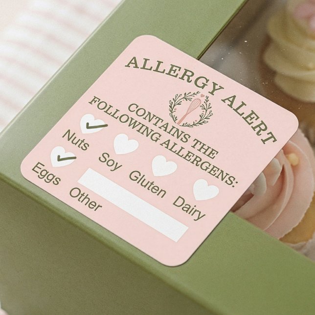 Pegatina Cuadrada Alerta alérgica de seguridad alimentaria Panadería (Food Safety Allergy Alert Pink Bakery Whisk Square Sticker)