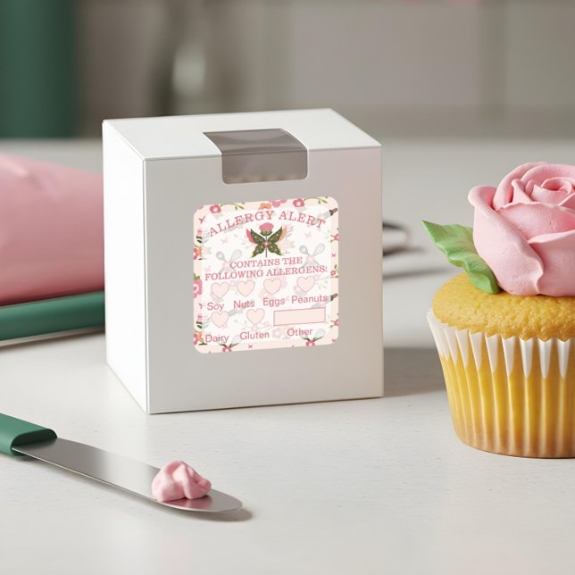 Pegatina Cuadrada Alerta alérgica de seguridad alimentaria Panadería (Food Safety Allergy Alert Bakery Butterfly Cupcake Square Sticker)