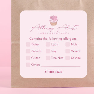 Pegatina Cuadrada Alerta de Alergia a Cupcake Rosa Elegante