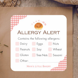 Pegatina Cuadrada Alerta de Alergia a Kawaii Bun de Cuadros Rojos