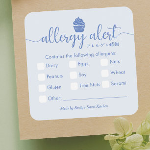 Pegatina Cuadrada Alerta de Alergia Alimentaria Cupcake Azul Minimal