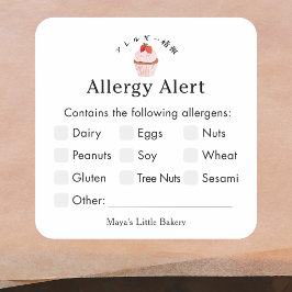 Pegatina Cuadrada Alerta de Alergia de Panadería de Cupcake de Fresa