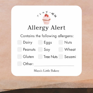 Pegatina Cuadrada Alerta de Alergia de Panadería de Cupcake de Fresa