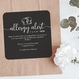 Pegatina Cuadrada Alerta de Alergia Negra Pan de Trigo Gluten Minima