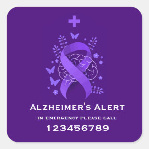 Pegatina Cuadrada Alerta de Enfermedad de Alzheimer Morada