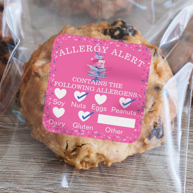 Pegatina Cuadrada Alerta de seguridad alimentaria Alergia Diversión  (Food Safety Allergy Alert Fun Bakery Cake & Tools Square Sticker)