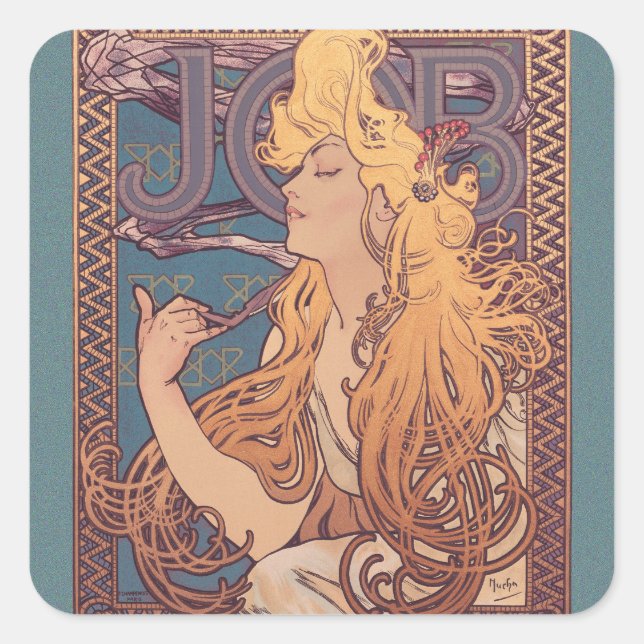 Pegatina Cuadrada Alfonse Mucha Job Art Nouveau (Anverso)