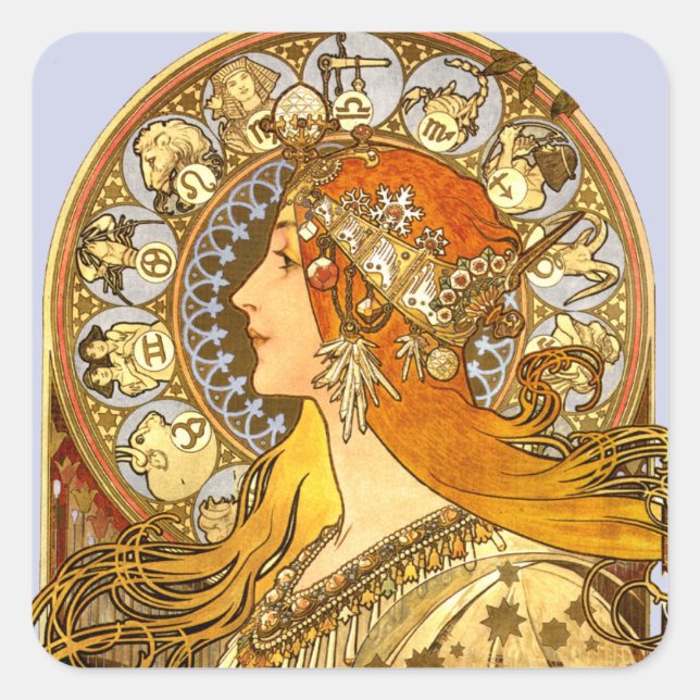 Pegatina Cuadrada Alfonse Mucha Zodiac Art Nouveau Mujer (Anverso)