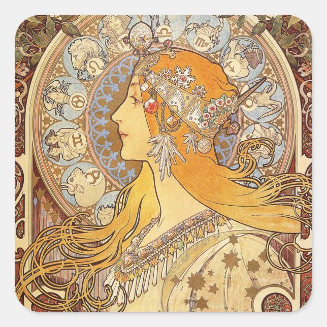 Pegatina Cuadrada Alfonse Mucha Zodiac Art Nouveau Mujer (Anverso)