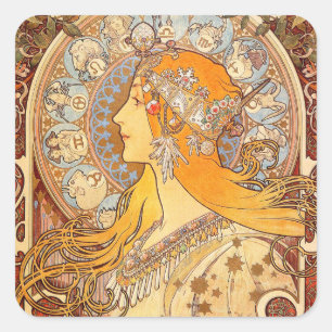 Pegatina Cuadrada Alfonse Mucha Zodiac Art Nouveau Mujer