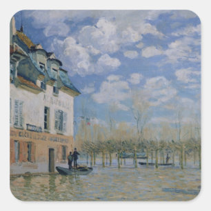 Pegatina Cuadrada Alfred Sisley el el barco en la inundación,