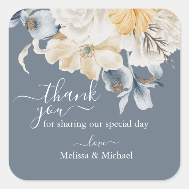 Pegatina Cuadrada ALGO Boda AZUL Gracias en Plaza Azul (Anverso)