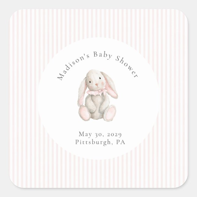 Pegatina Cuadrada Algun Conejo Dulce Fiesta de Bebé Rosa  (Anverso)