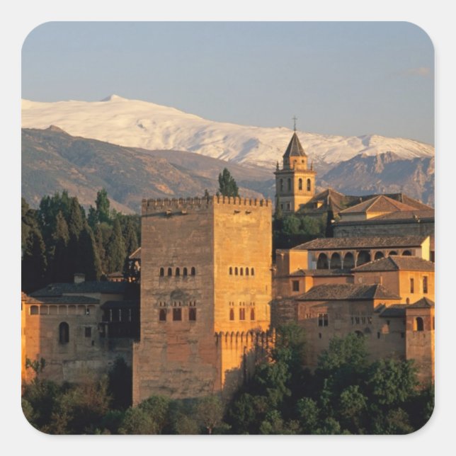 Pegatina Cuadrada Alhambra; Granada; Andalucía, España, Sierra (Anverso)