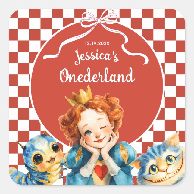 Pegatina Cuadrada Alice in ONEDERLAND Queen of Hearts 1st Birthday  (Anverso)