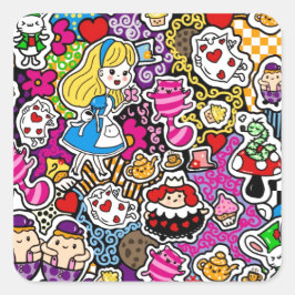 Pegatina Cuadrada Alice Wonderland Mad Hatter Cat Doodle Art de Leah