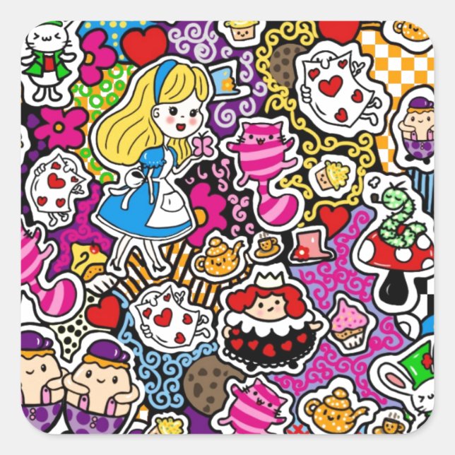 Pegatina Cuadrada Alice Wonderland Mad Hatter Cat Doodle Art de Leah (Anverso)