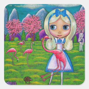 Pegatina Cuadrada Alicia en el campo de las maravillas Flamingo Croq