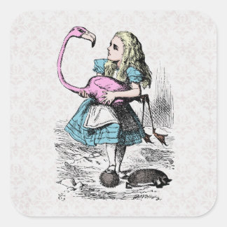 Pegatina Cuadrada Alicia en el Croquet del Flamingo Rosa en el País