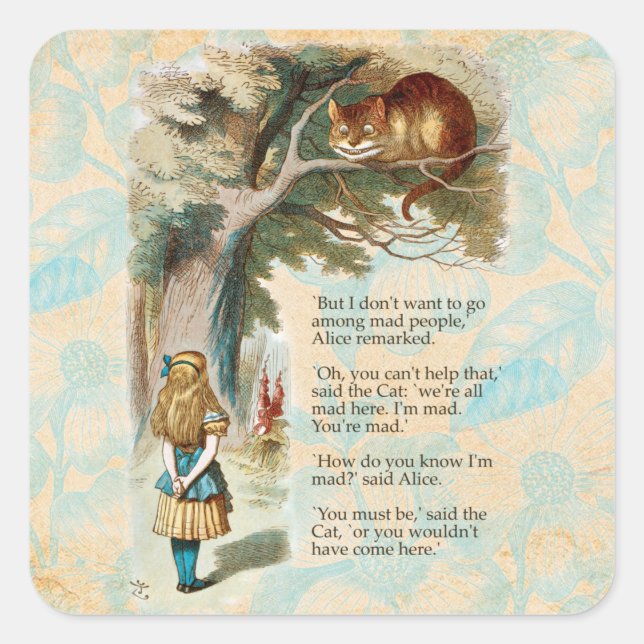 Pegatina Cuadrada Alicia en la Marea del Gato Cheshire (Anverso)