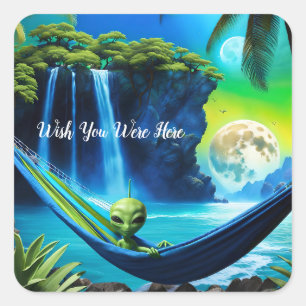 Pegatina Cuadrada Alien Beach Vacation - Ojalá Estuvieras Aquí
