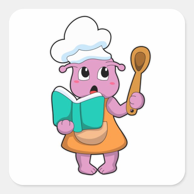 Pegatina Cuadrada Alien como cocinero con libro de cocina (Anverso)