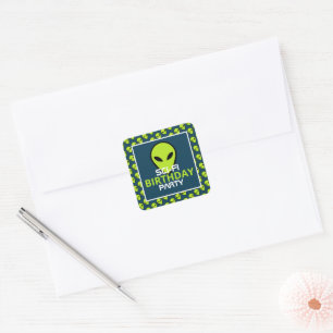 Pegatina Cuadrada Alien de Ciencia Ficción Verde, cumpleaños
