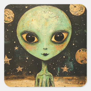 Pegatina Cuadrada Alien de OVNI