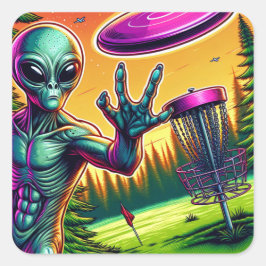 Pegatina Cuadrada Alien Disk Golf Pin Basket