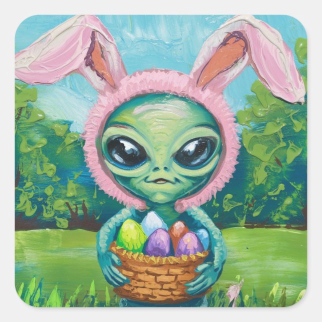 Pegatina Cuadrada Alien Easter Bunny (Anverso)