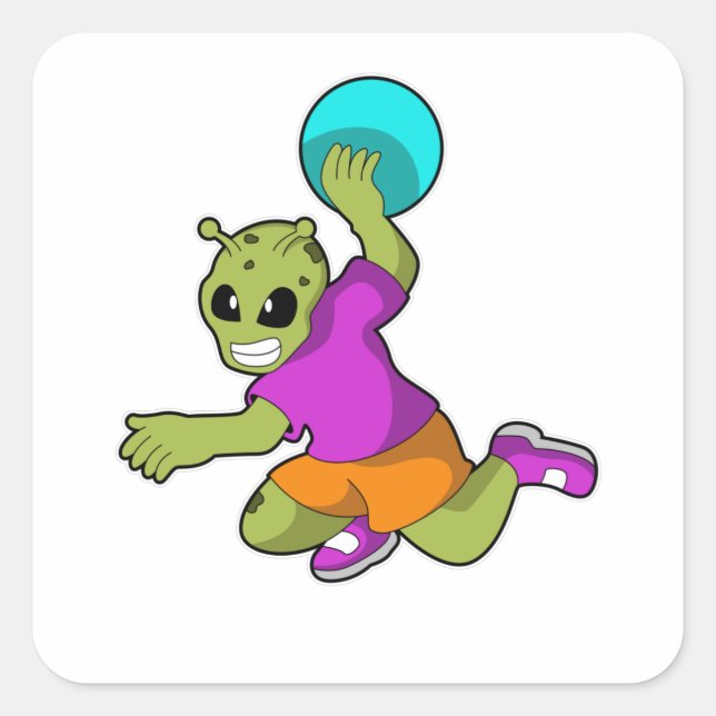 Pegatina Cuadrada Alien en jugador de balonmano con balonmano (Anverso)