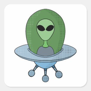 Pegatina Cuadrada Alien en su pequeña nave espacial