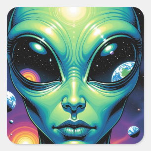 Pegatina Cuadrada Alien Face con planetas reflexiones en los ojos