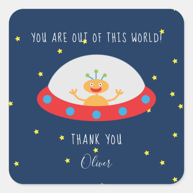 Pegatina Cuadrada Alien fuera de este mundo cumpleaños gracias pegat (Anverso)