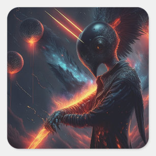 Pegatina Cuadrada Alien Manipulando la viga de fuego