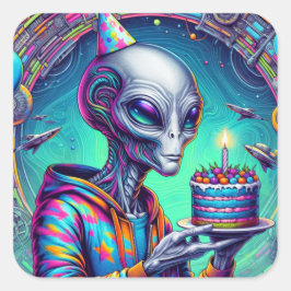 Pegatina Cuadrada Alien sostiene pastel de cumpleaños