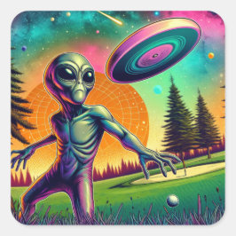 Pegatina Cuadrada Alien Throwing Disk Golf