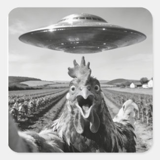 Pegatina Cuadrada Alien UFO Chicken Art Abduction SciFi Humor