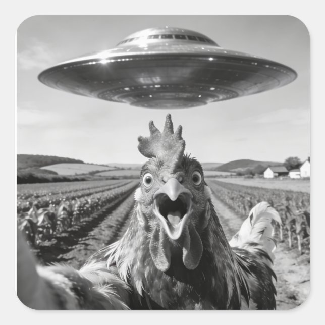 Pegatina Cuadrada Alien UFO Chicken Art Abduction SciFi Humor (Anverso)