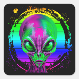 Pegatina Cuadrada Alienígena Colorido Arcoíris Moderno y Tendencioso