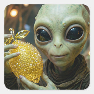 Pegatina Cuadrada Alienígena Extraterrestre y Limón Cristalino