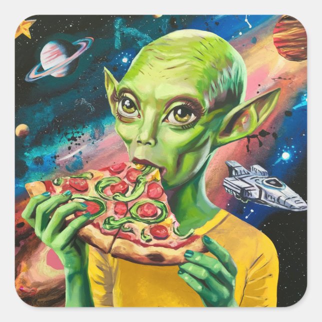 Pegatina Cuadrada Alienígena gracioso en Pizza espacial comiendo (Anverso)