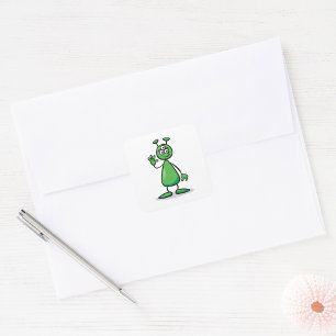 Pegatina Cuadrada Alienígena Marciano Verde de Tres Ojos Dibujo Anim