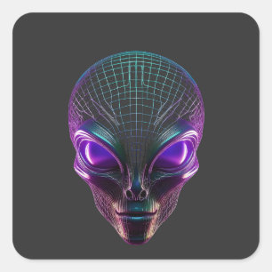 Pegatina Cuadrada Alienígena Púrpura Con Ojos Luminosos