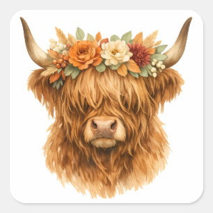 Pegatina Cuadrada Almohada de Highland Cow con Corona Floral al esti