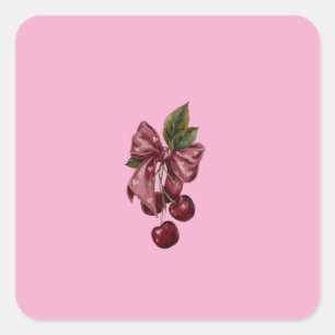 Pegatina Cuadrada Almohada lumbar con lazo rosa coquette y cereza