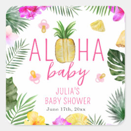 Pegatina Cuadrada Aloha Baby Pineapples y Pacificadores Baby Shower 