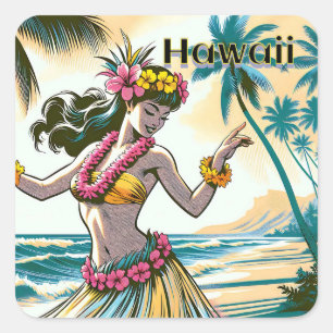 Pegatina Cuadrada Aloha   Bailarina hawaiana hula en la playa